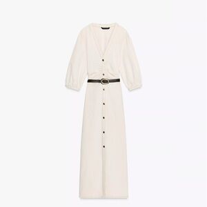 NWT Zara Belted Balloon Sleeve Midi Dress Ecru